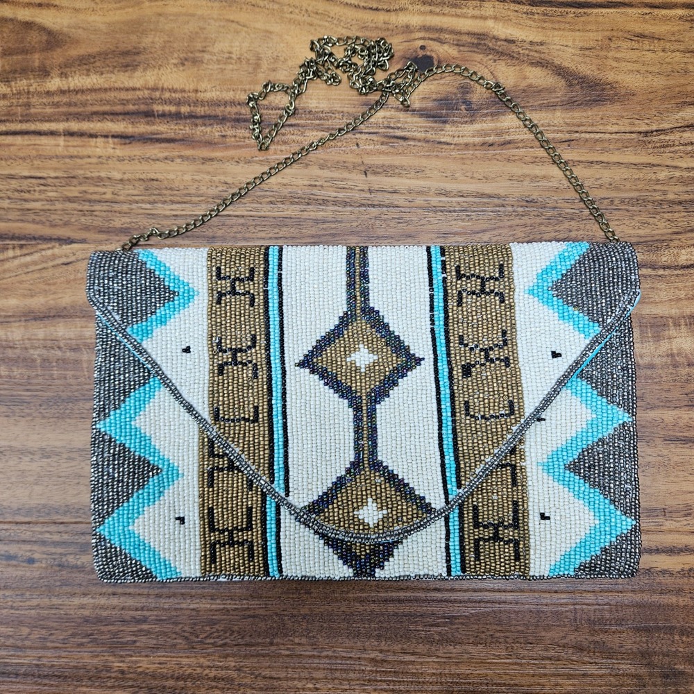 Boho Geometric Beaded Envelope Clutch Turquoise Gold Crossbody Bag